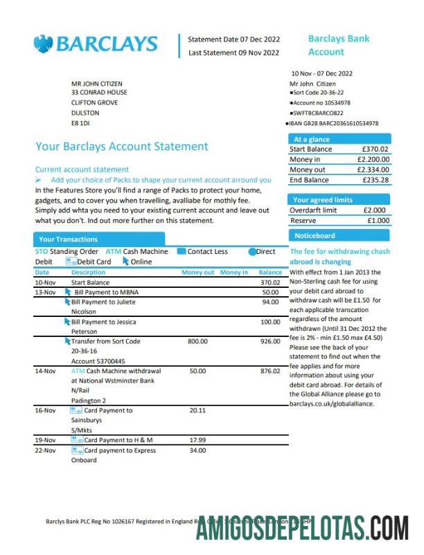 Exemplo de conta do Barclays no Reino Unido na versão 1